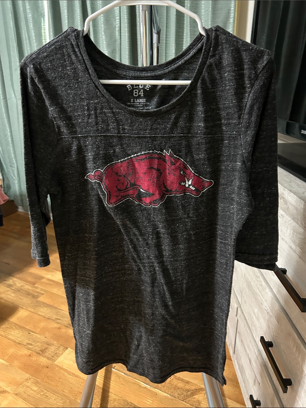Blue 84 Black Heather Tee with Red Razorback Graphic